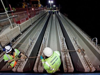 Installation of precast concrete bridge beams